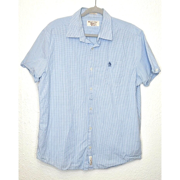Original Penguin Mens Button Down Shirt XL Blue Gingham Logo Short Sleeve Cuffed - Picture 1 of 10